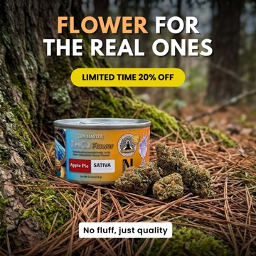 Static ad: sativa flower tin on a forest floor, Flower for the real ones