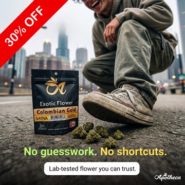 Static ad: bag of exotic flower on a city pavement, 30 percent off