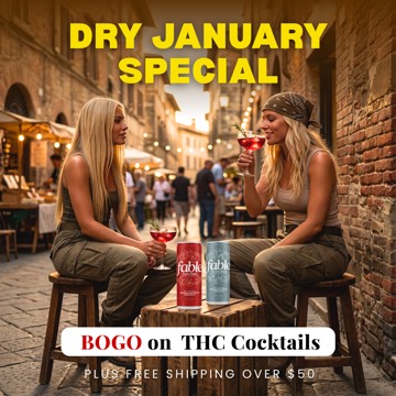 Static ad: two friends with THC cocktails, buy one get one