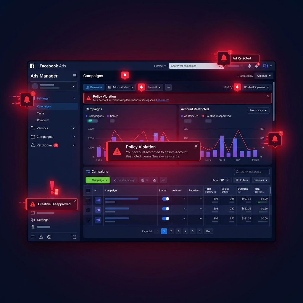 Facebook Ads Manager showing rejected CBD ad notifications