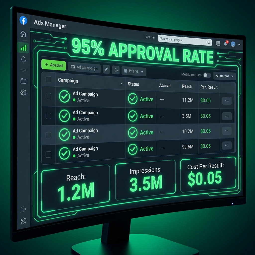 Dashboard showing 95%+ ad approval rates and successful CBD campaign metrics