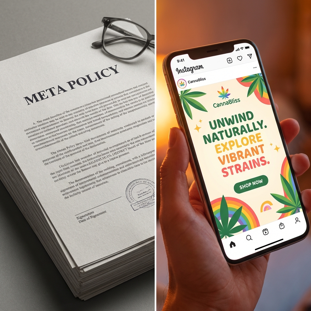Meta policy showing prohibited vs live cannabis ad running - illustrating the gap between policy and reality