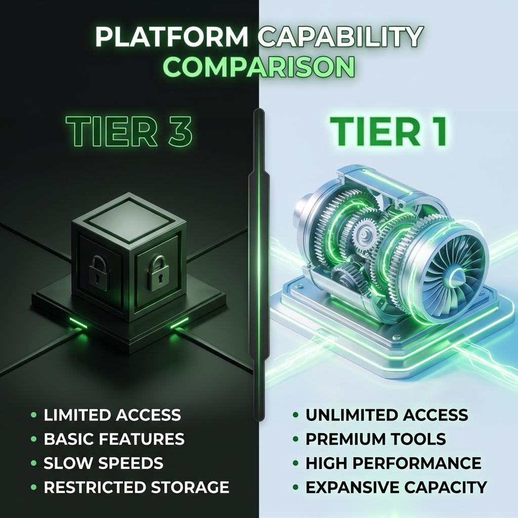 Tier 1 vs Tier 3 Ad Account comparison showing trust levels, rejection rates, and escalation paths